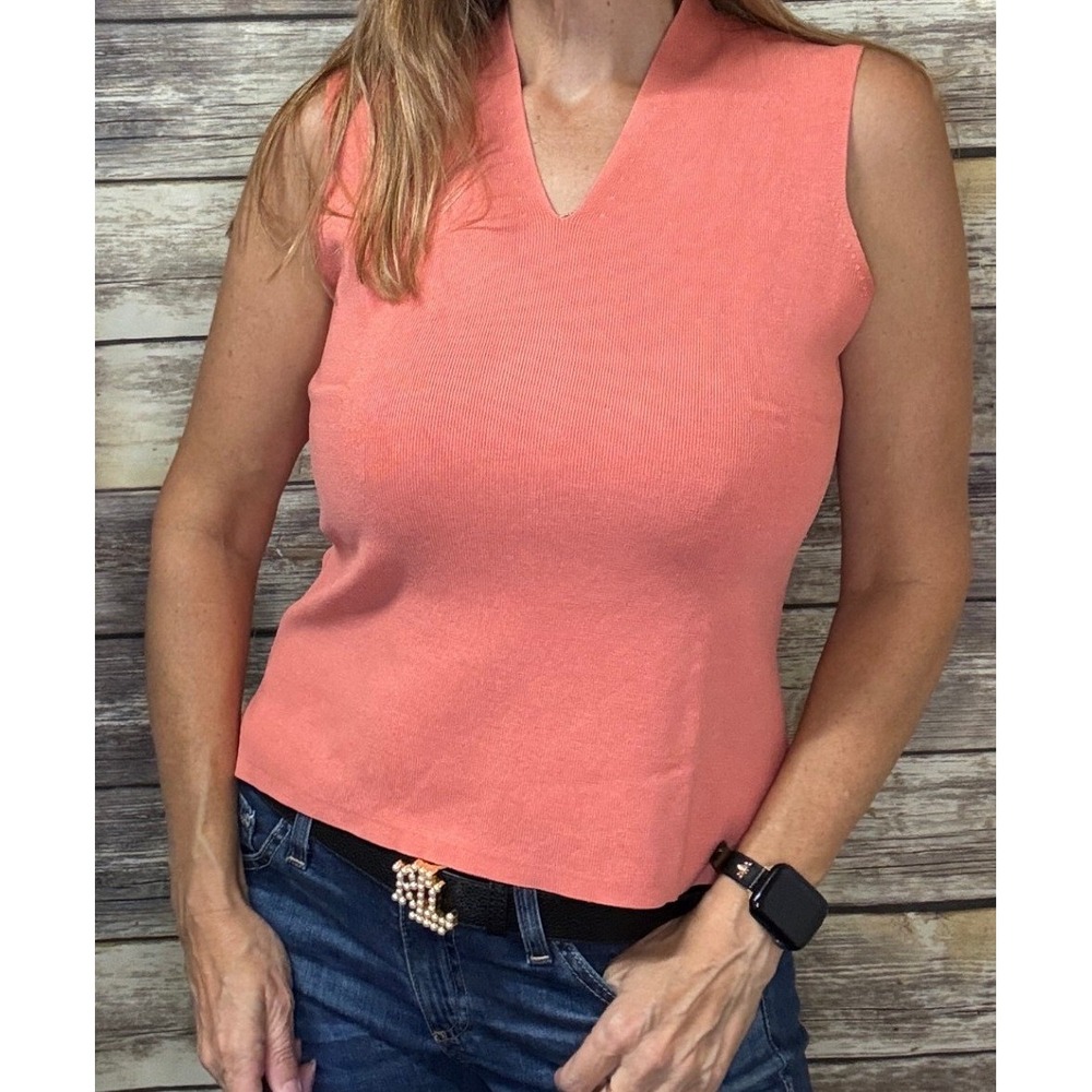 Parisian Signature Petite Small Silk Blend Sleeveless V-Neck Knit Top Coral Pink